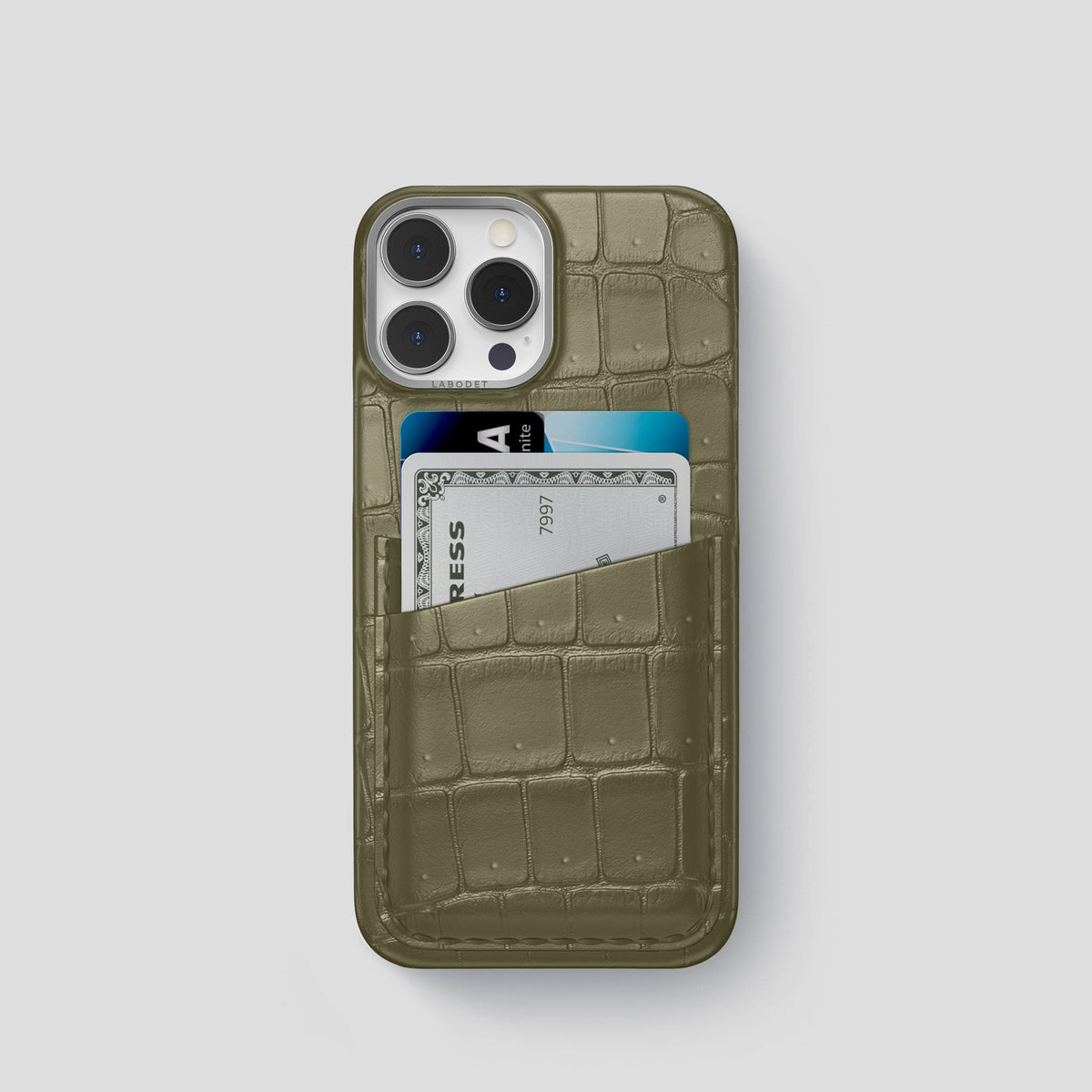 Kaki-Green iPhone 13 Pro Porosus Crocodile Porosus Crocodile with Steel Metal -1 | Kaki-Green-Steel