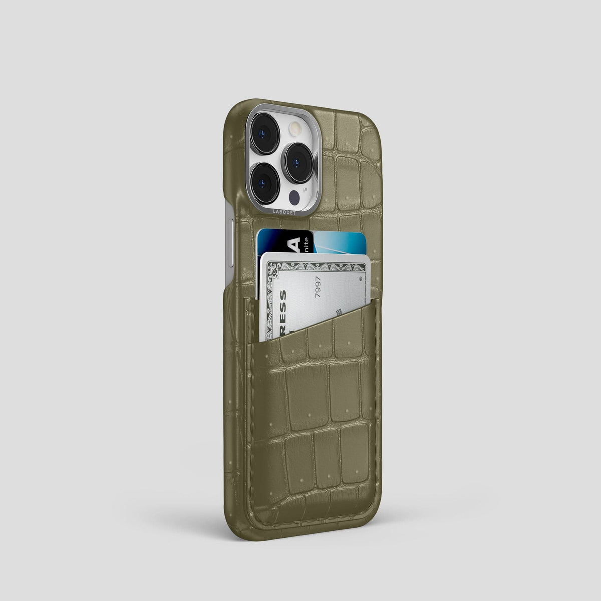 Kaki-Green iPhone 13 Pro Porosus Crocodile Porosus Crocodile with Steel Metal -2 | Kaki-Green-Steel