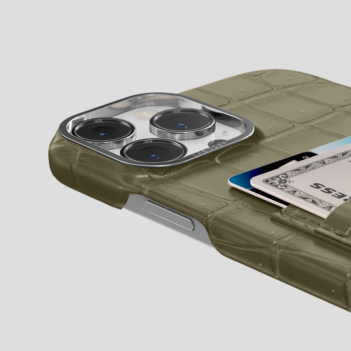 Kaki-Green iPhone 13 Pro Porosus Crocodile Porosus Crocodile with Steel Metal -5 | Kaki-Green-Steel