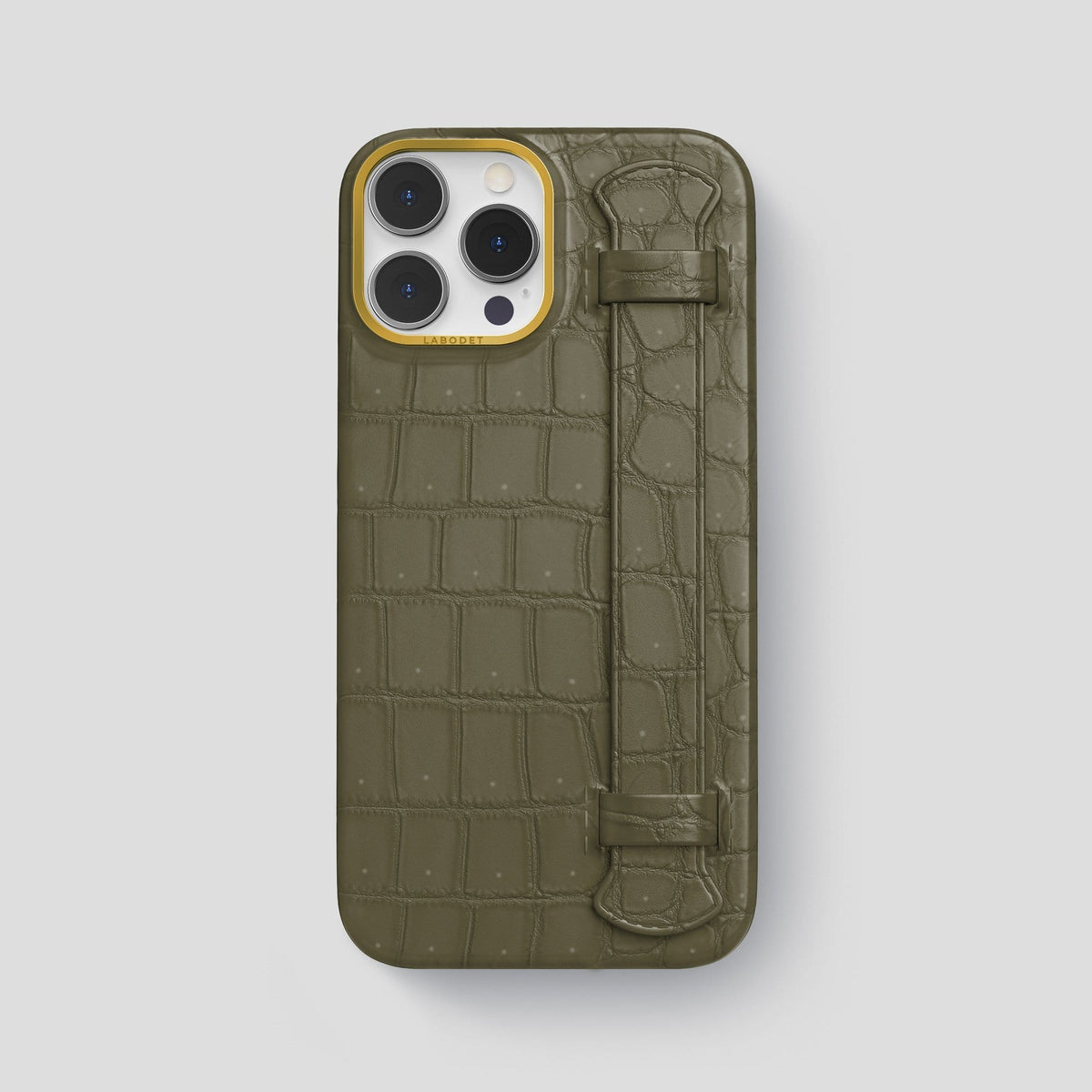 Kaki Green iPhone 13 Pro Max Strap Case with Gold Metal -1 | Kaki-Green-Gold