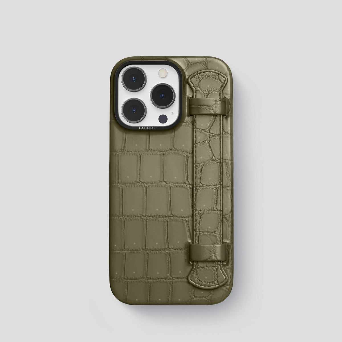 Kaki Green iPhone 13 Pro Strap Case with Black Metal -1 | Kaki-Green-Black