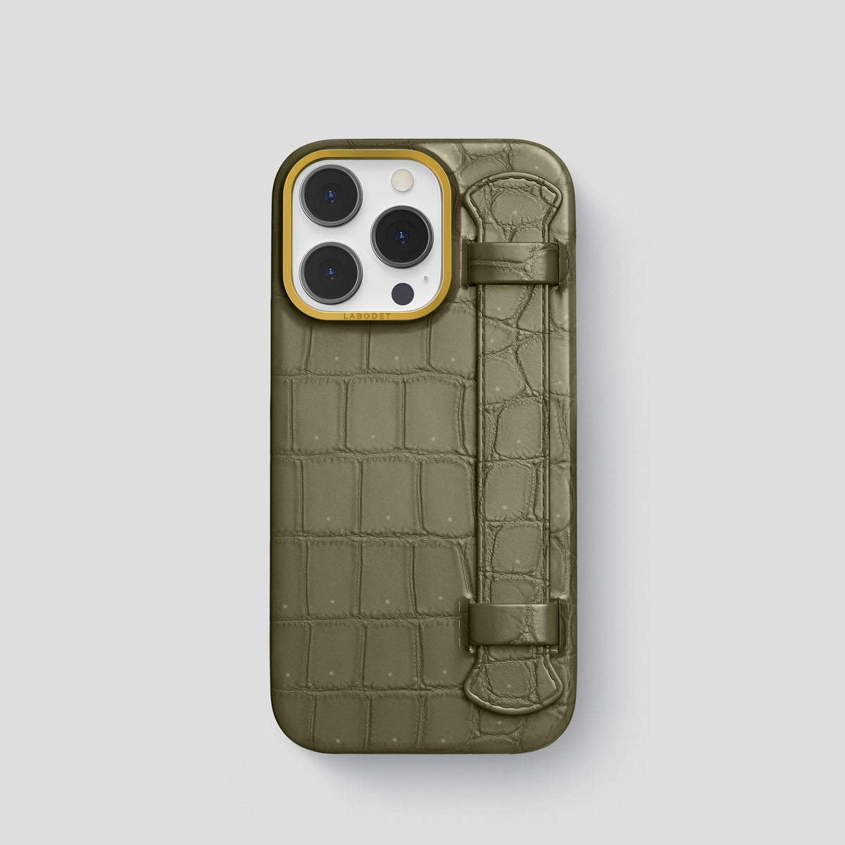 Kaki Green iPhone 13 Pro Strap Case with Gold Metal -1 | Kaki-Green-Gold