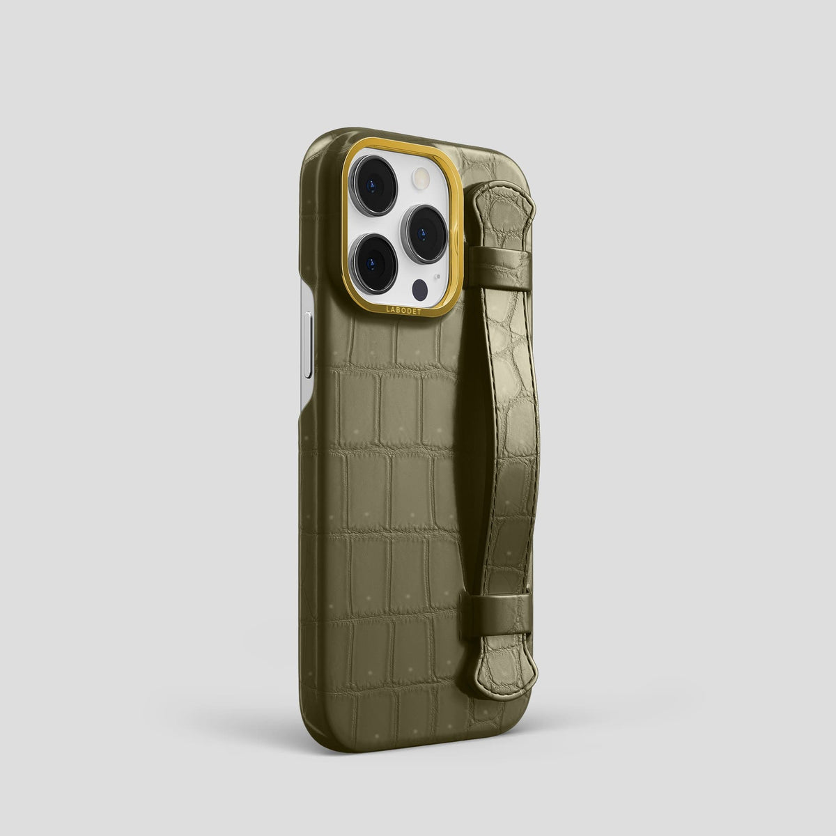 Kaki Green iPhone 13 Pro Strap Case with Gold Metal -2 | Kaki-Green-Gold