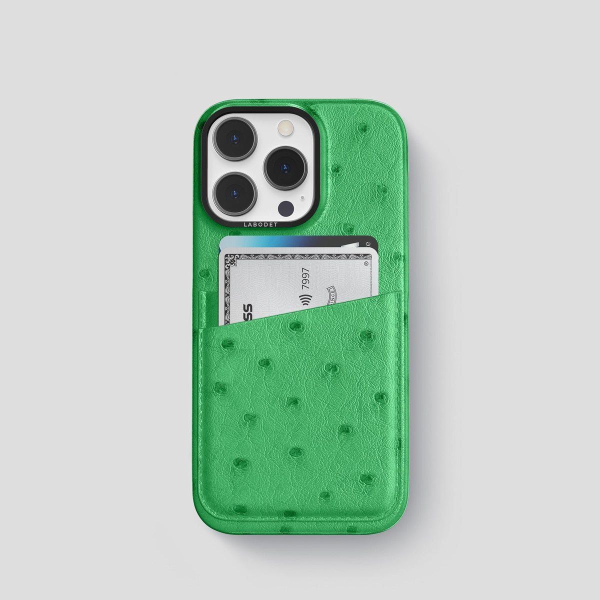 Kentucky Green iPhone 13 Pro Card Case Ostrich with Black Metal -1 | Kentucky-Green-Black