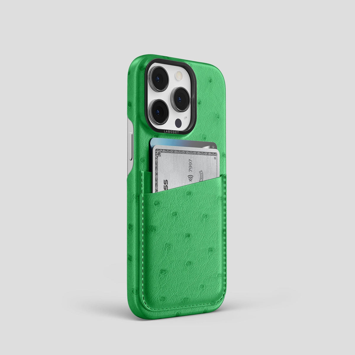 Kentucky Green iPhone 13 Pro Card Case Ostrich with Black Metal -2 | Kentucky-Green-Black