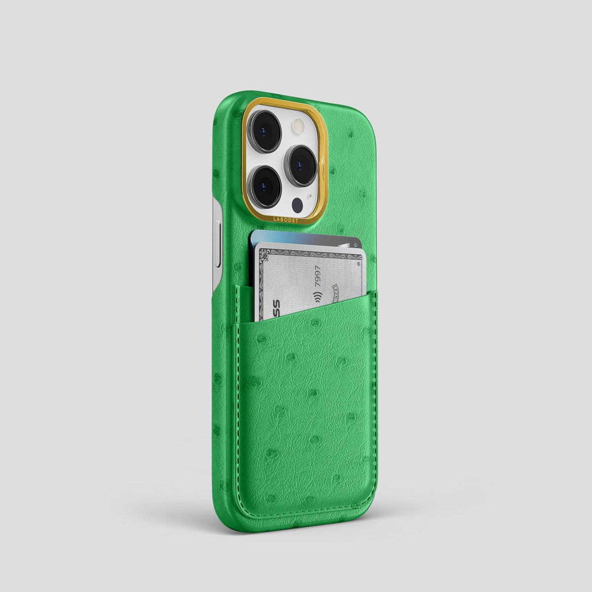 Kentucky Green iPhone 13 Pro Card Case Ostrich with Gold Metal -2 | Kentucky-Green-Gold
