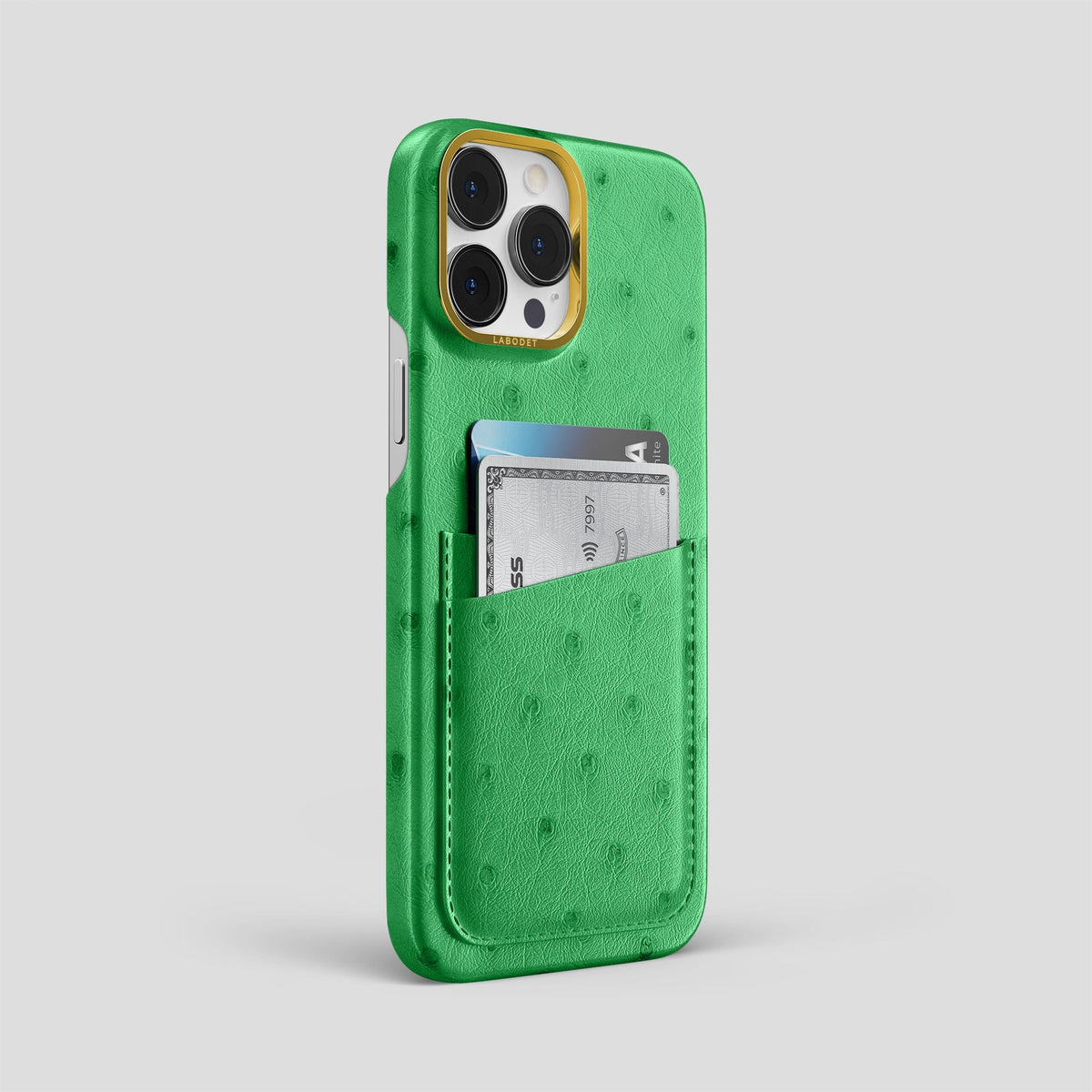 Kentucky Green iPhone 13 Pro Card Case Ostrich with Gold Metal -2 | Kentucky-Green-Gold