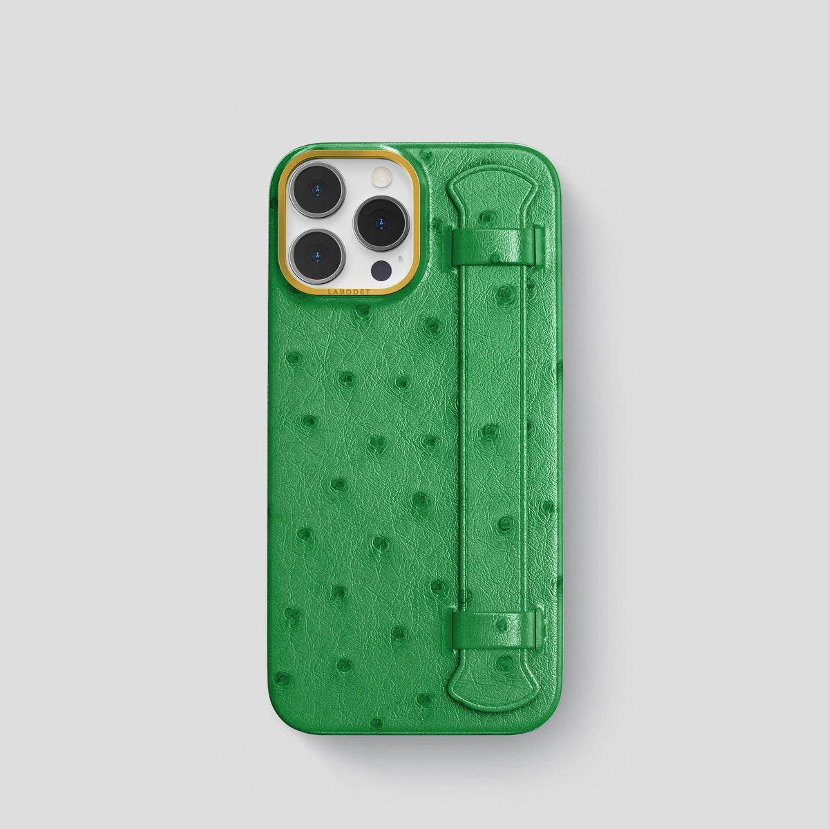 Kentucky Green iPhone 13 Pro Handle Case Ostrich with Gold Metal -1 | Kentucky-Green-Gold