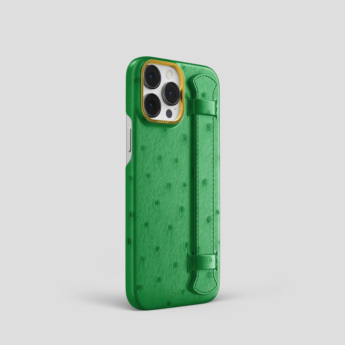 Kentucky Green iPhone 13 Pro Handle Case Ostrich with Gold Metal -2 | Kentucky-Green-Gold