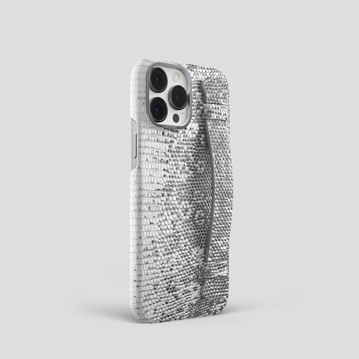 Light iPhone 13 Pro Himalayan Lizard Strap Case with Steel Metal -2 | Light-Steel
