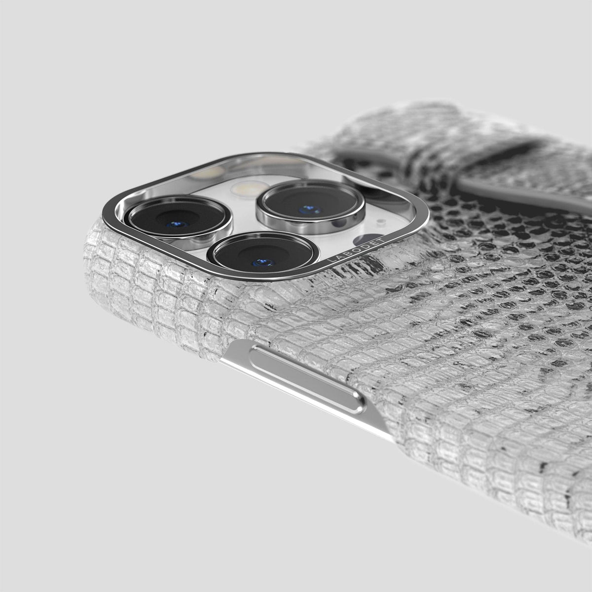 Light iPhone 13 Pro Max Himalayan Lizard Strap Case with Steel Metal -6 | Light-Steel