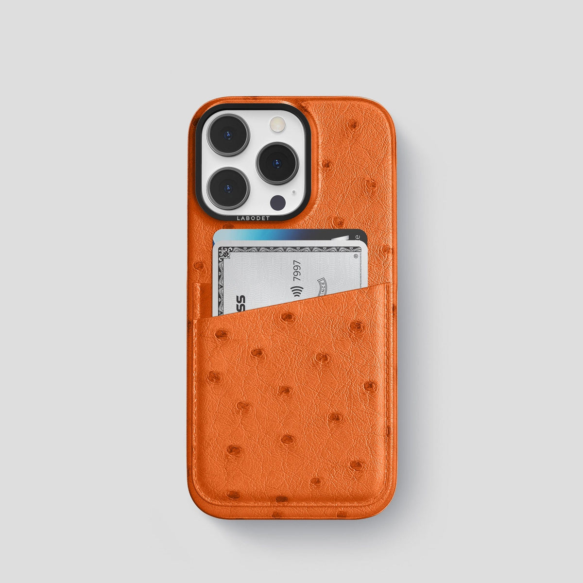 Medium-Brown iPhone 13 Pro Card Case Ostrich with Black Metal -1 | Medium-Brown-Black