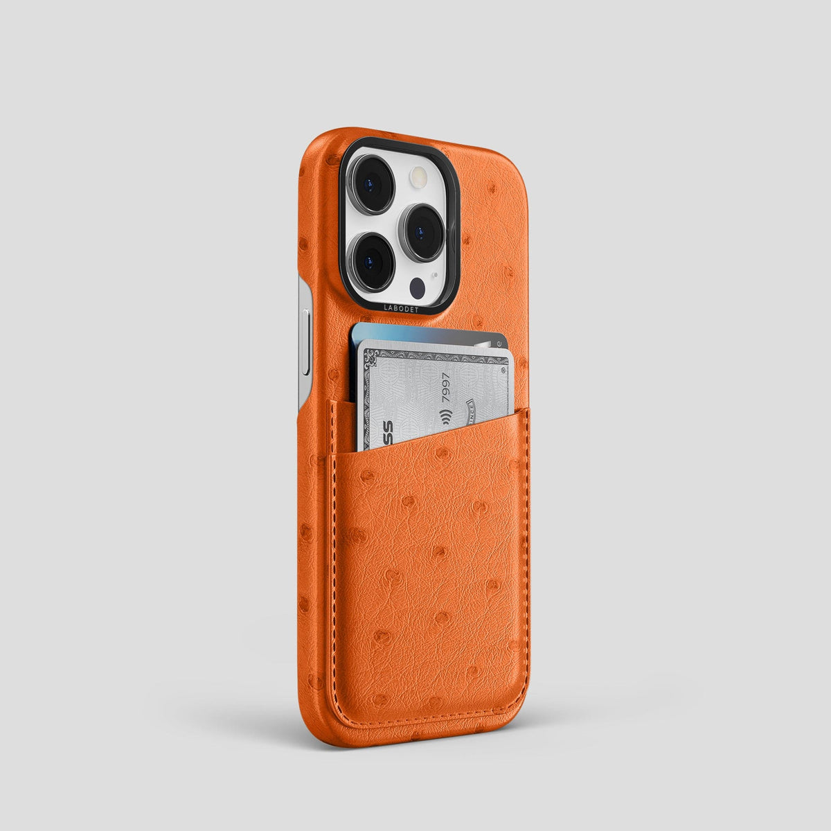 Medium-Brown iPhone 13 Pro Card Case Ostrich with Black Metal -2 | Medium-Brown-Black