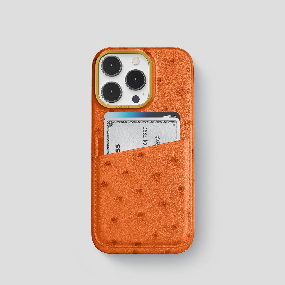 Medium-Brown iPhone 13 Pro Card Case Ostrich with Gold Metal -1 | Medium-Brown-Gold