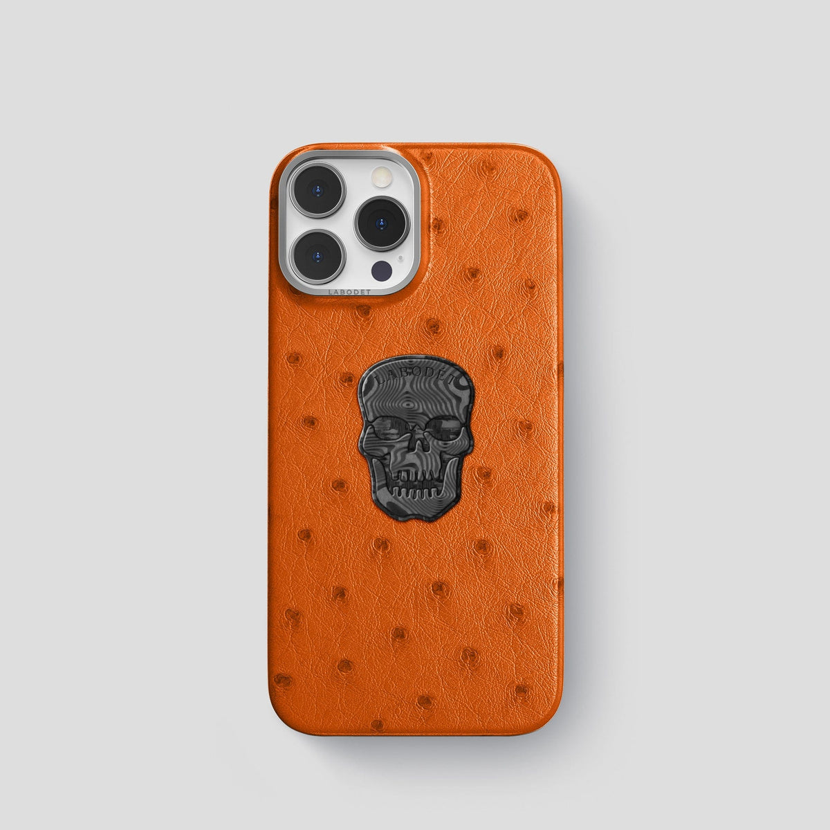 Medium-Brown iPhone 13 Pro Classic Case Ostrich with Steel Metal -1 | Medium-Brown-Steel