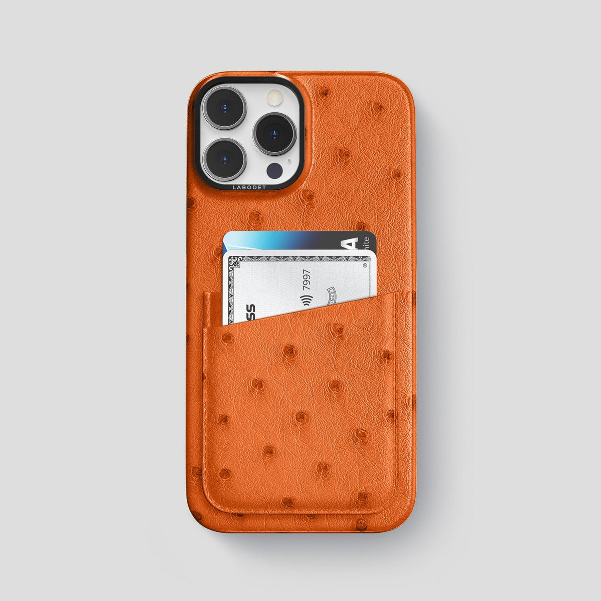 Medium-Brown iPhone 13 Pro Card Case Ostrich with Black Metal -1 | Medium-Brown-Black