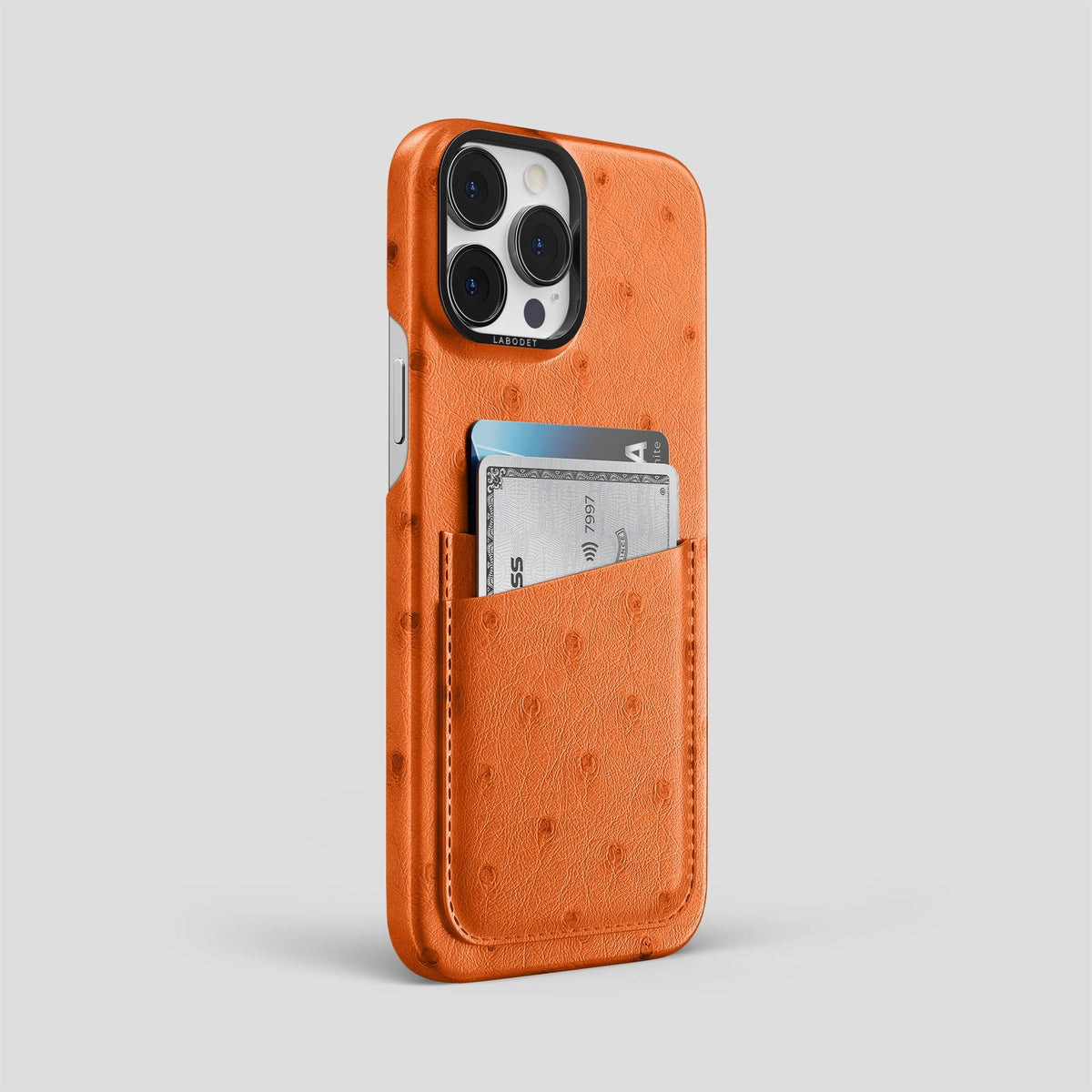 Medium-Brown iPhone 13 Pro Card Case Ostrich with Black Metal -2 | Medium-Brown-Black