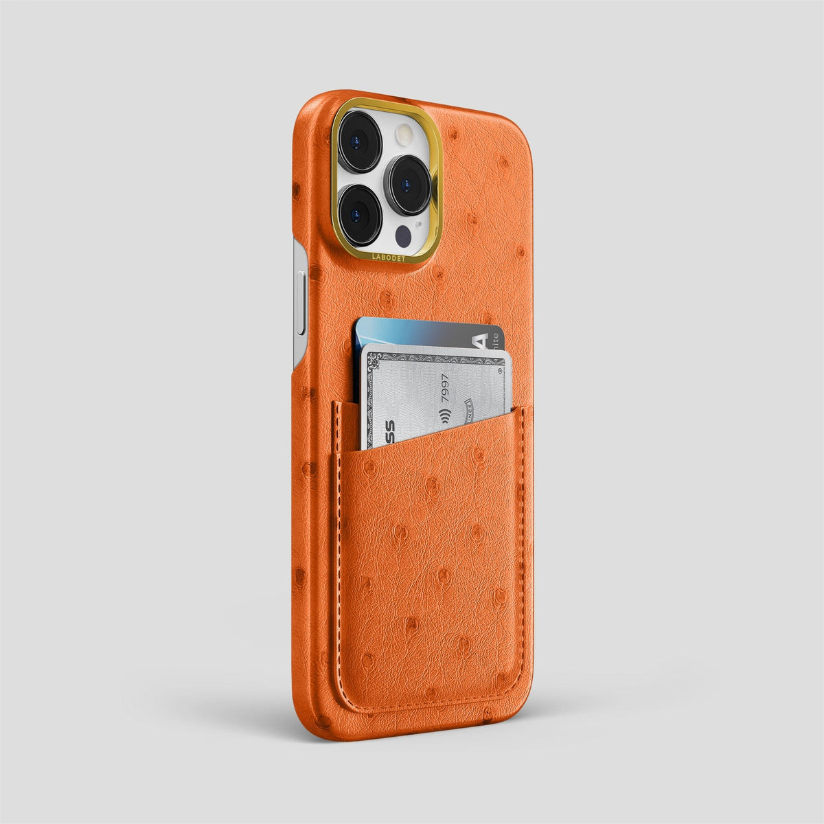 Medium-Brown iPhone 13 Pro Card Case Ostrich with Gold Metal -2 | Medium-Brown-Gold
