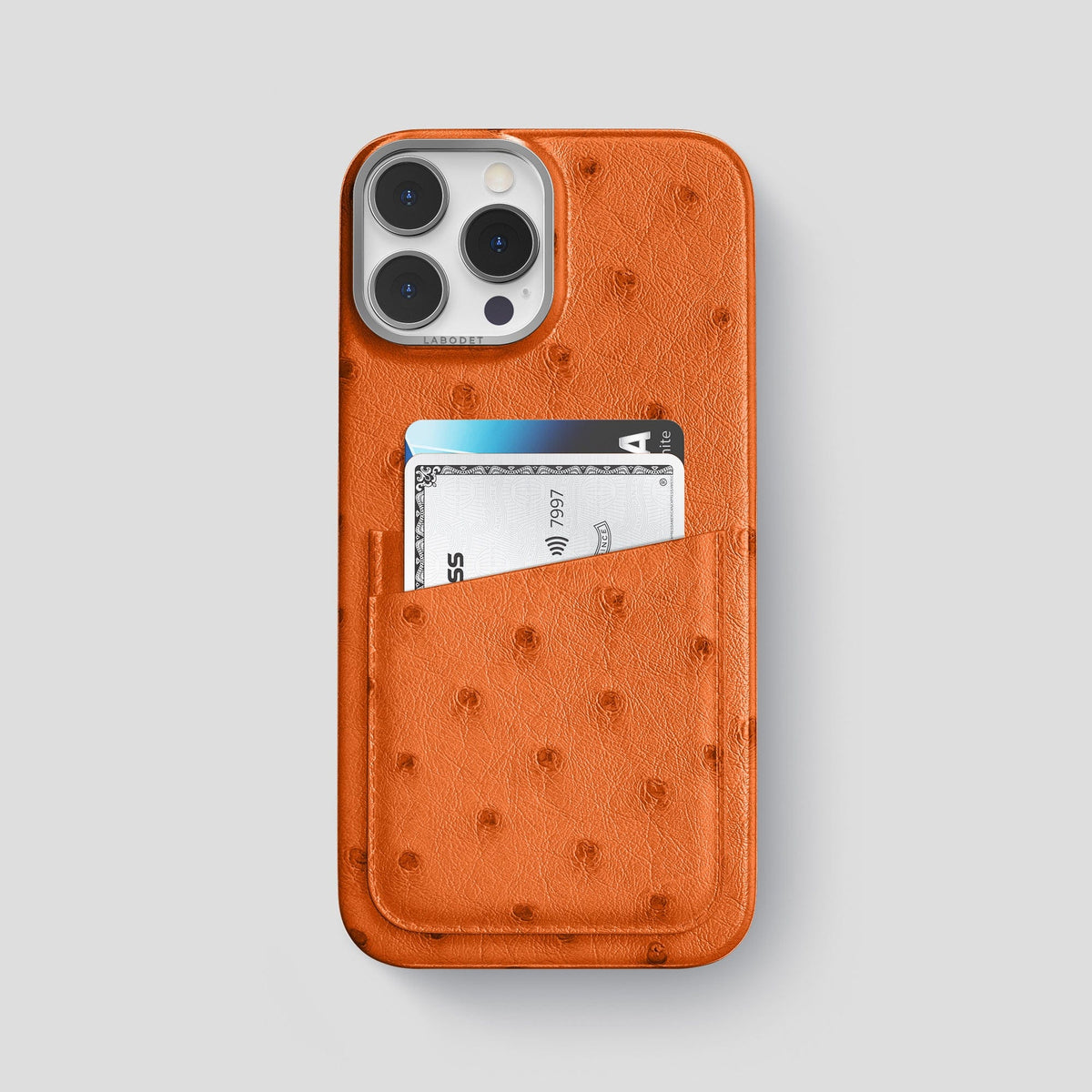 Medium-Brown iPhone 13 Pro Card Case Ostrich with Steel Metal -1 | Medium-Brown-Steel