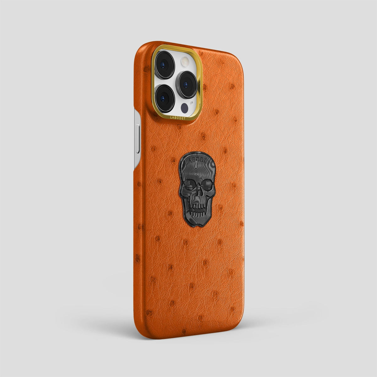 Medium-Brown iPhone 13 Pro Classic Case Ostrich with Gold Metal -2 | Medium-Brown-Gold