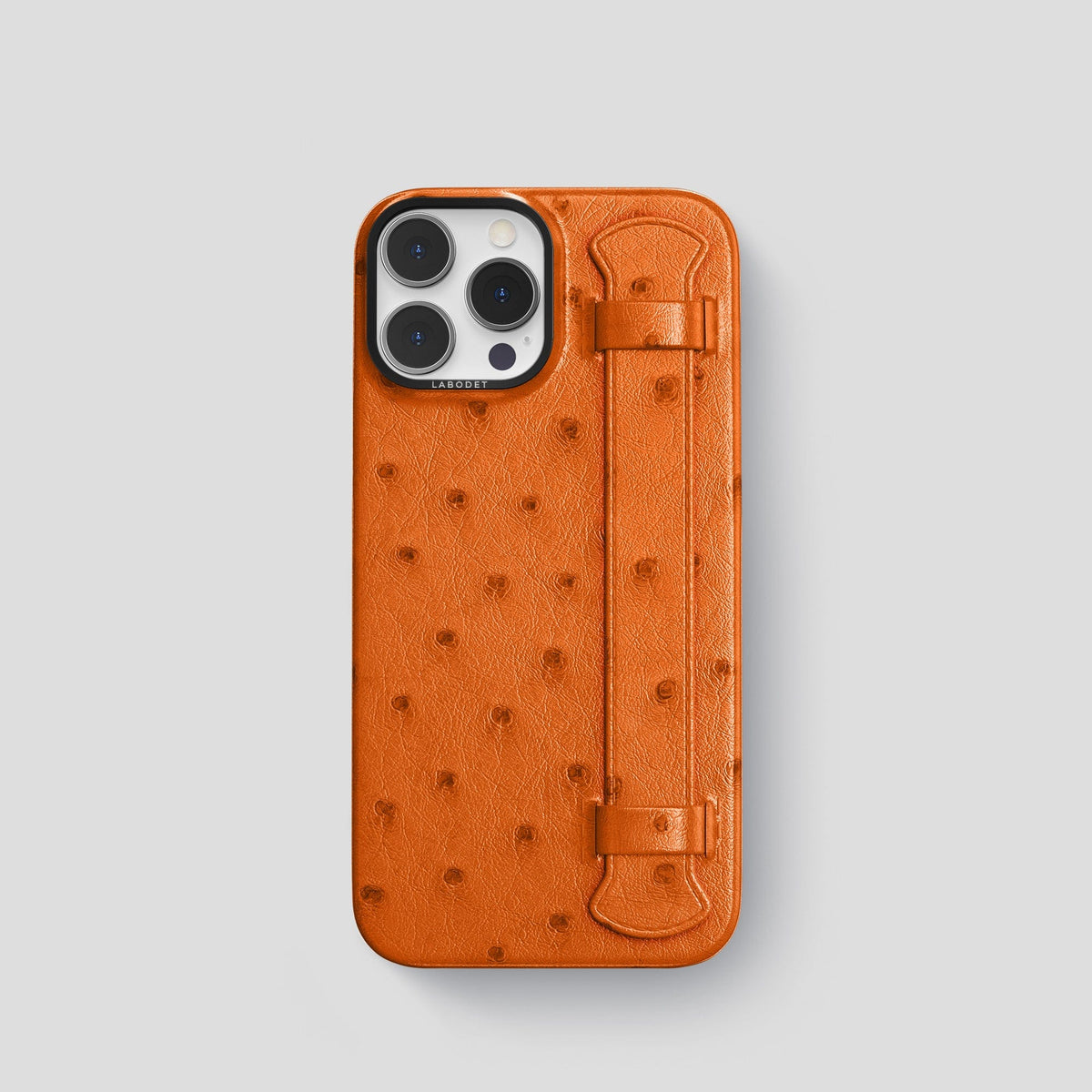 Medium-Brown iPhone 13 Pro Handle Case Ostrich with Black Metal -1 | Medium-Brown-Black