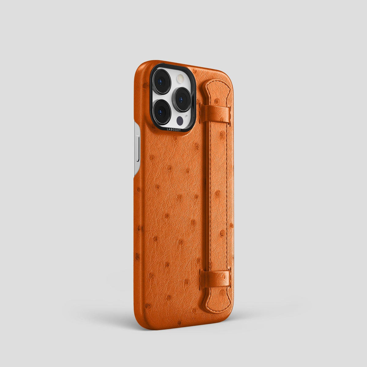 Medium-Brown iPhone 13 Pro Handle Case Ostrich with Black Metal -2 | Medium-Brown-Black