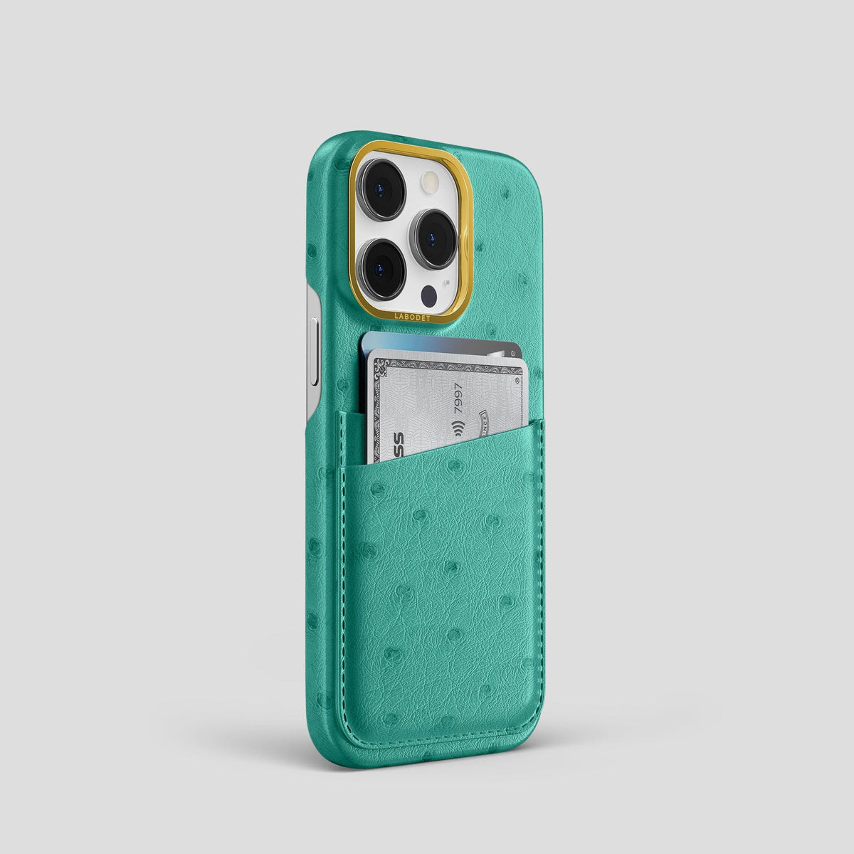 Turquoise iPhone 13 Pro Card Case Ostrich with Gold Metal -2 | Turquoise-Gold