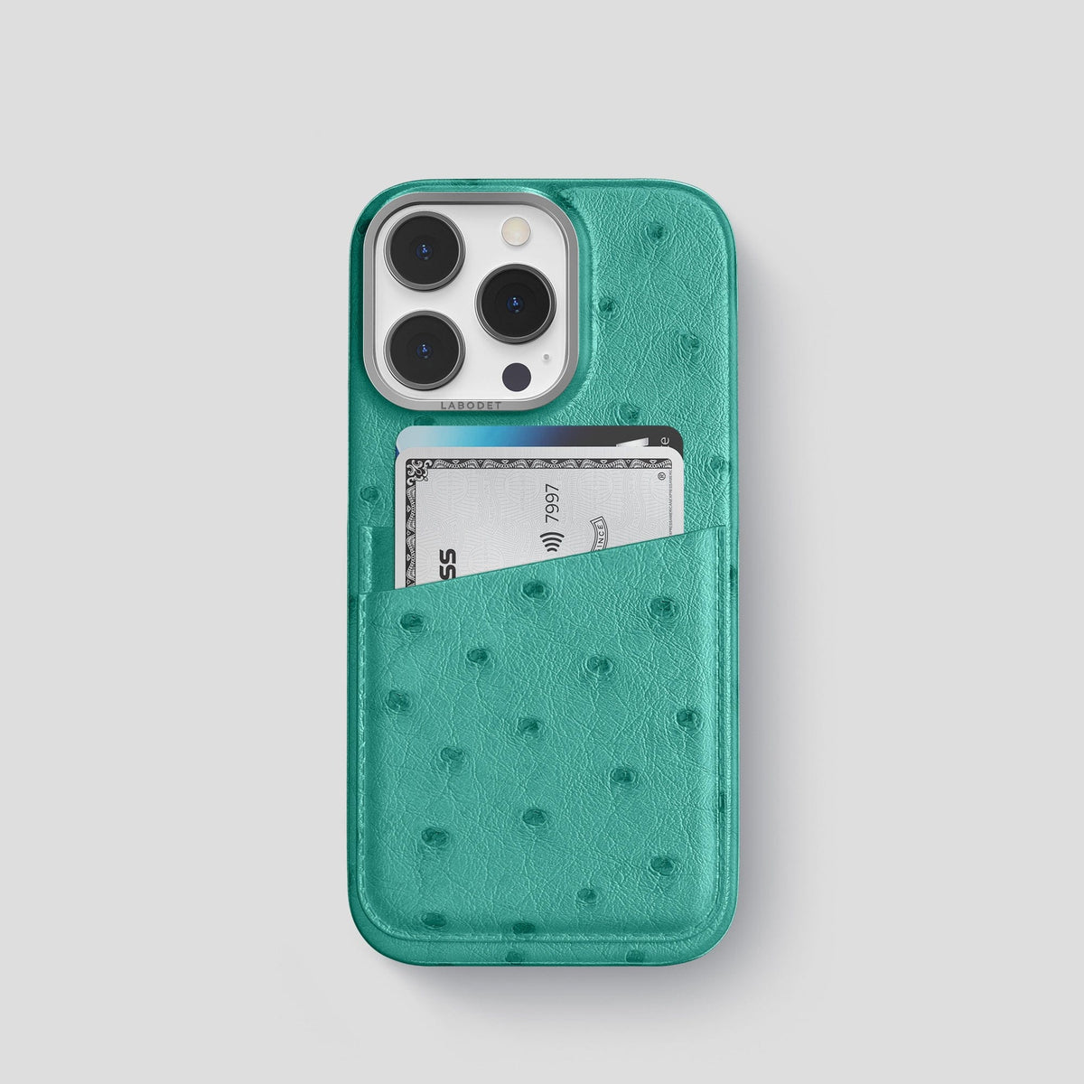 Turquoise iPhone 13 Pro Card Case Ostrich with Steel Metal -1 | Turquoise-Steel