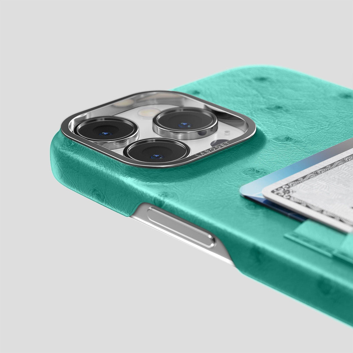 Turquoise iPhone 13 Pro Card Case Ostrich with Steel Metal -5 | Turquoise-Steel