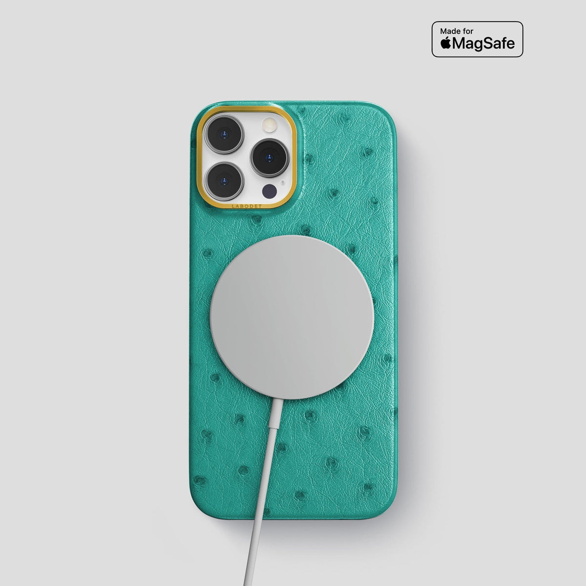 Turquoise iPhone 13 Pro Classic Case Ostrich with Gold Metal -5 | Turquoise-Gold