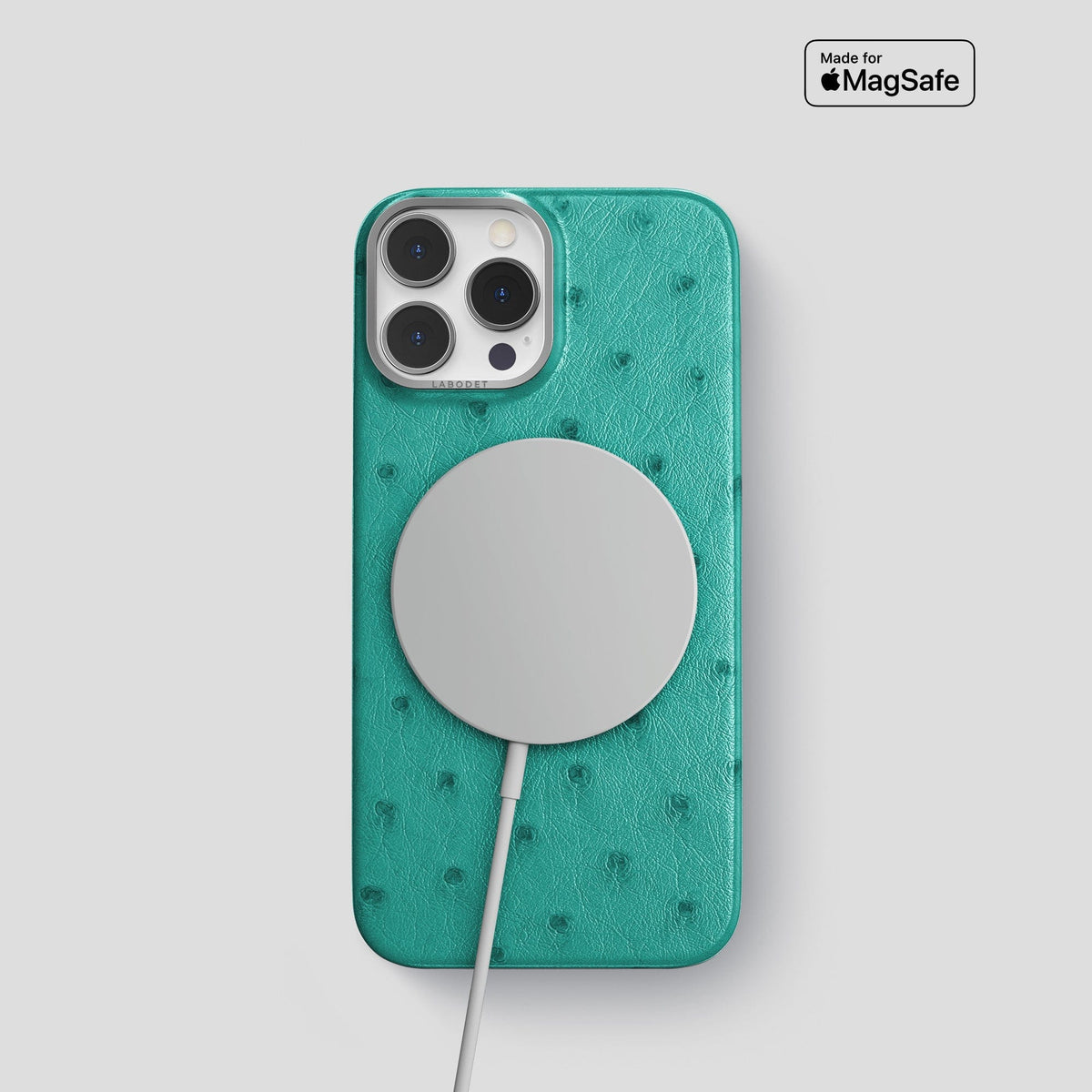 Turquoise iPhone 13 Pro Classic Case Ostrich with Steel Metal -5 | Turquoise-Steel