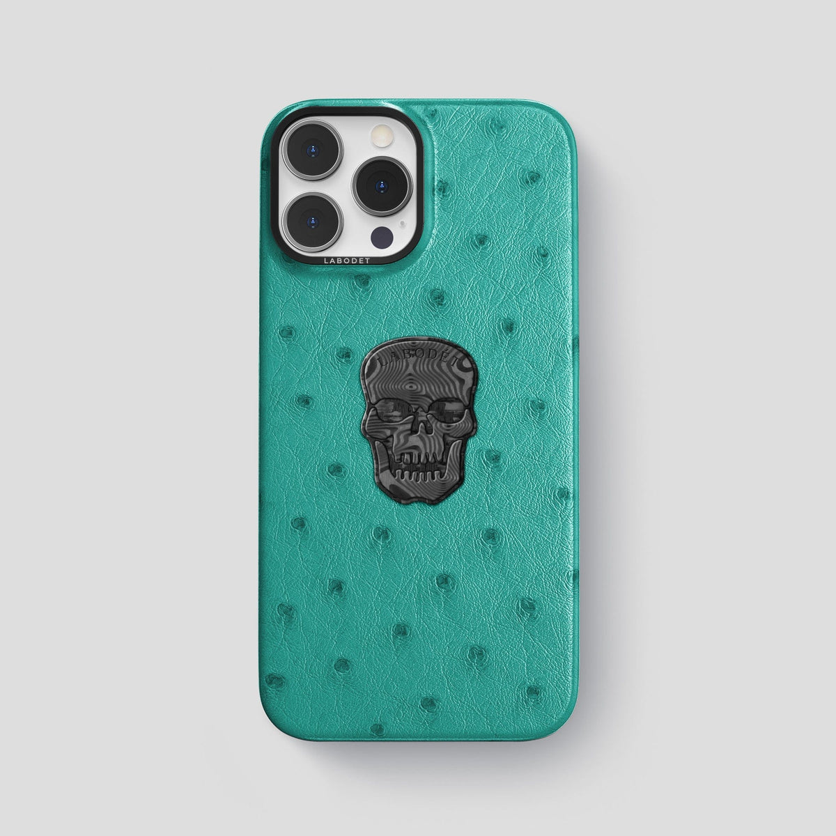 Turquoise iPhone 13 Pro Classic Case Ostrich with Black Metal -1 | Turquoise-Black