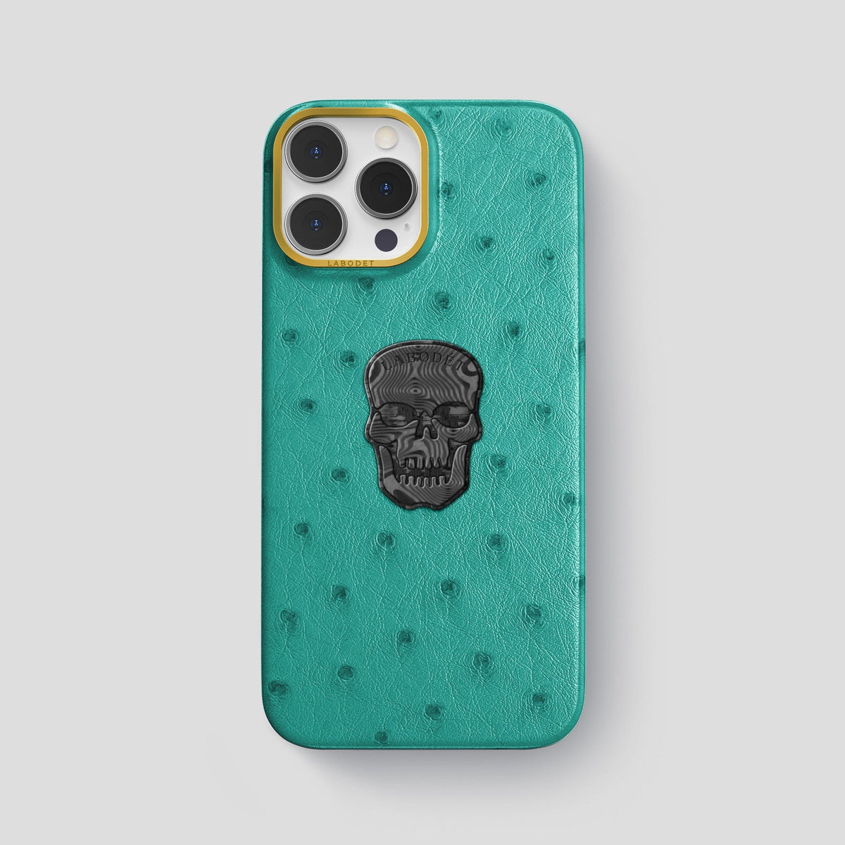 Turquoise iPhone 13 Pro Classic Case Ostrich with Gold Metal -1 | Turquoise-Gold