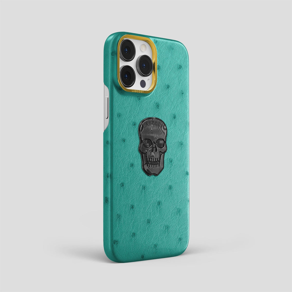 Turquoise iPhone 13 Pro Classic Case Ostrich with Gold Metal -2 | Turquoise-Gold