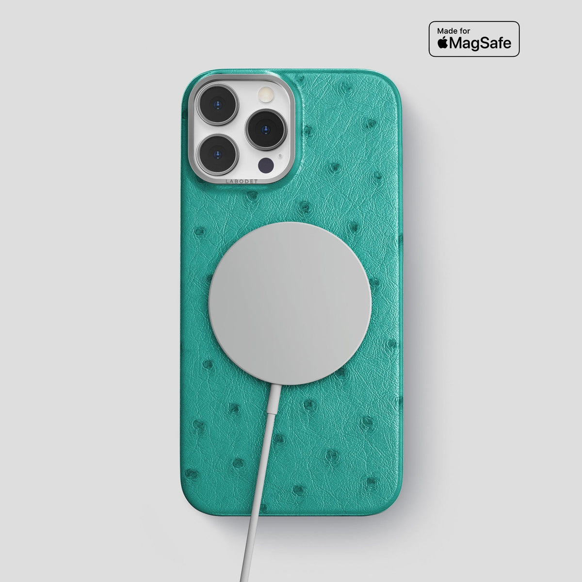 Turquoise iPhone 13 Pro Max Classic Case Ostrich with Steel Metal -5 | Turquoise-Steel