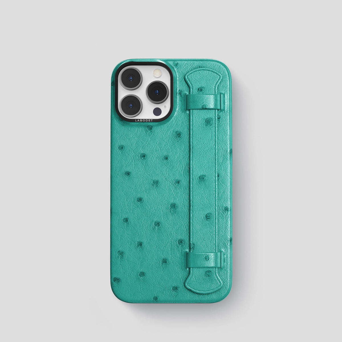 Turquoise iPhone 13 Pro Handle Case Ostrich with Black Metal -1 | Turquoise-Black