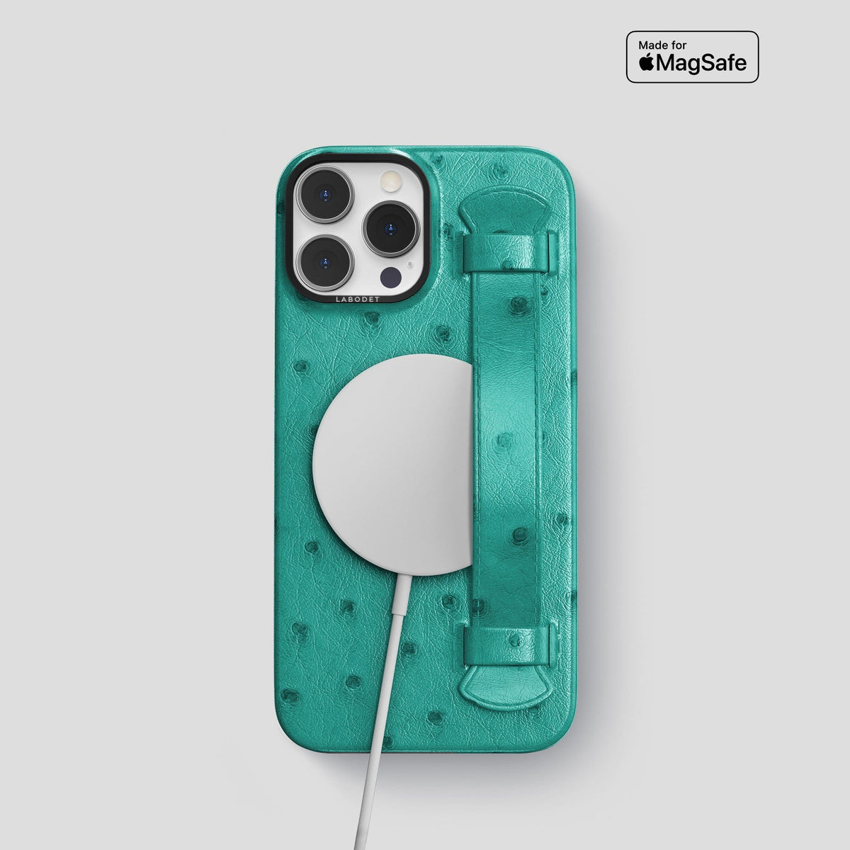 Turquoise iPhone 13 Pro Handle Case Ostrich with Black Metal -5 | Turquoise-Black