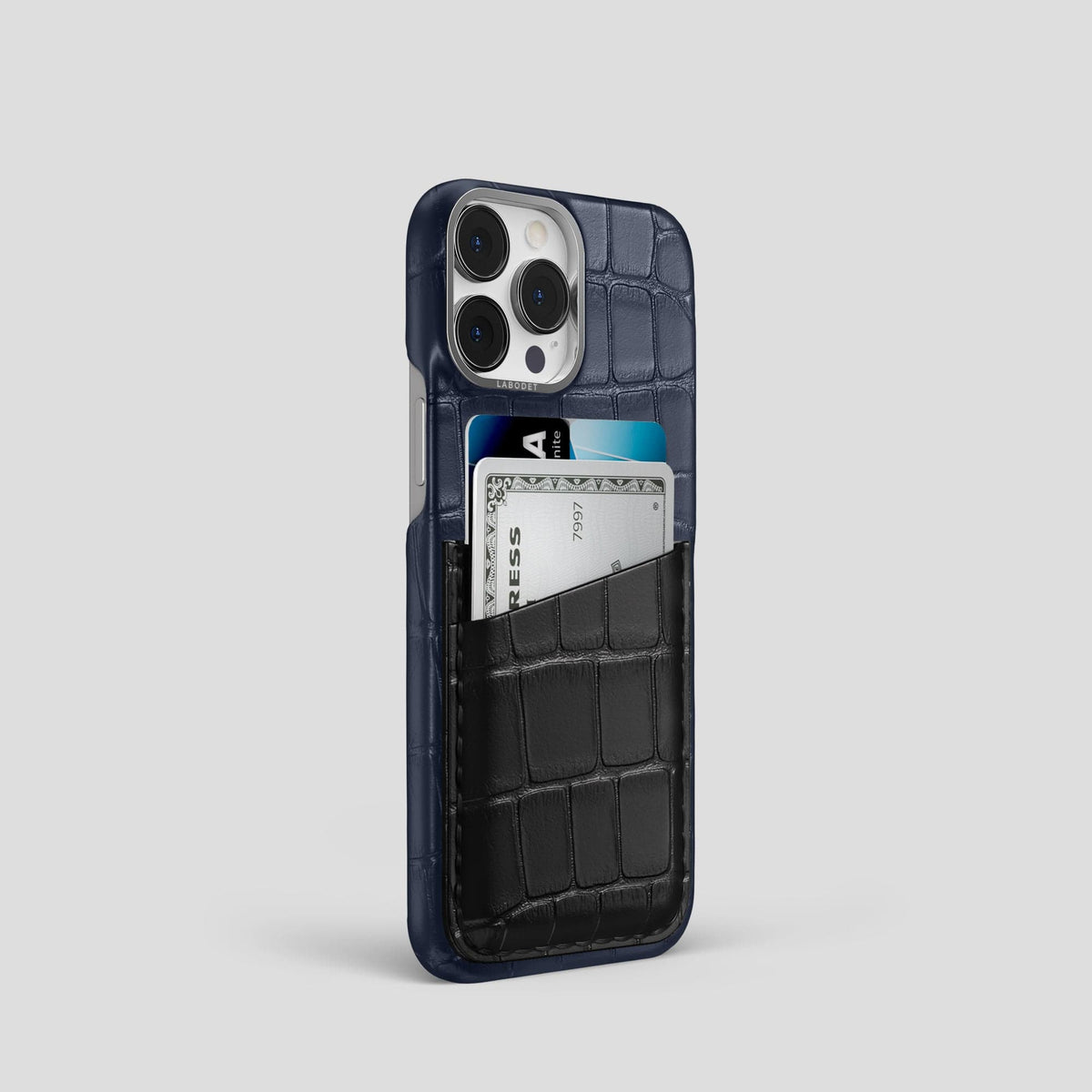 Navy-Blue-Black iPhone 13 Pro Card Case Alligator with Steel Metal -2 | Navy-Blue-Black-Steel