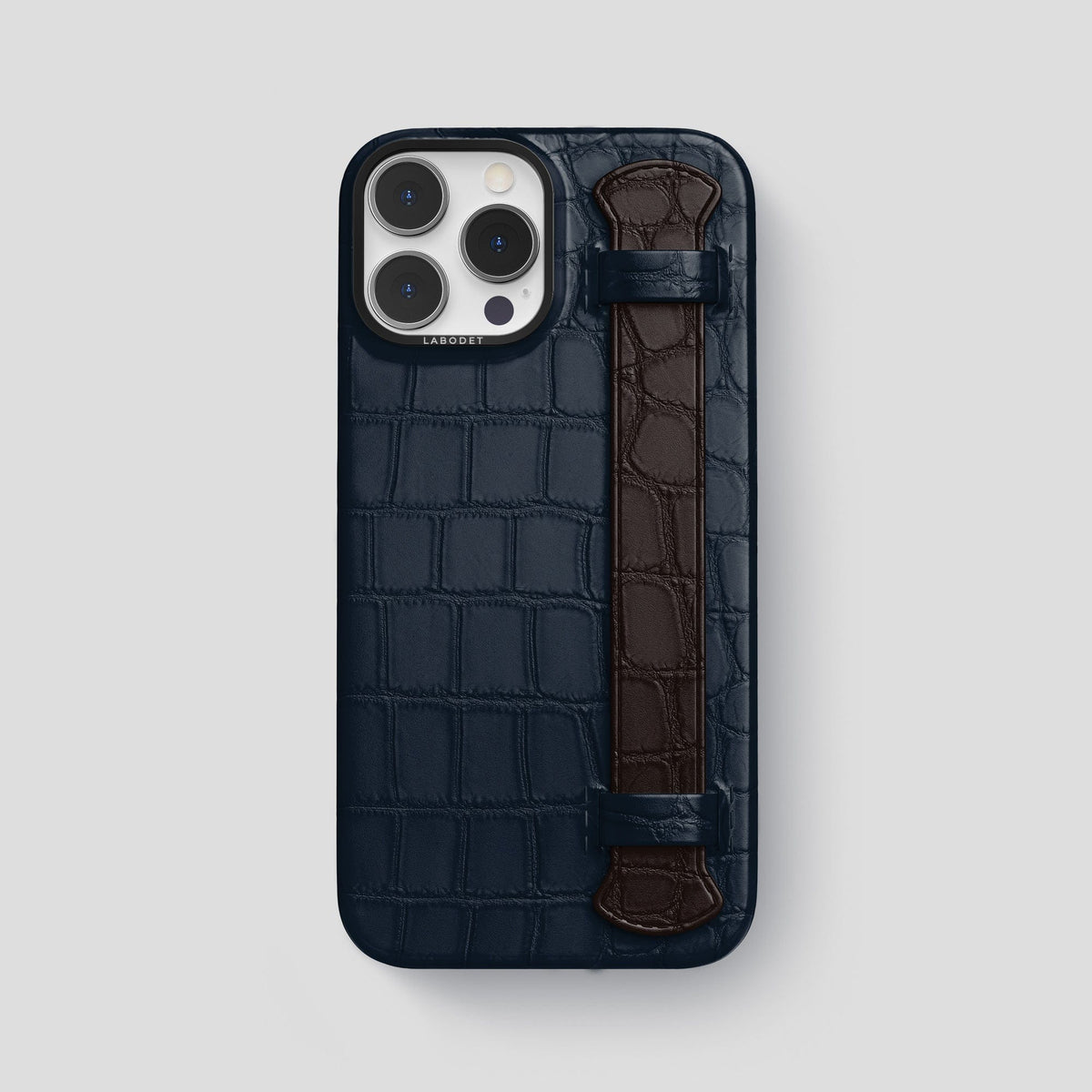 Navy-Blue-Dark-Brown iPhone 13 Pro Max Strap Case Alligator with Black Metal -1 | Navy-Blue-Dark-Brown-Black