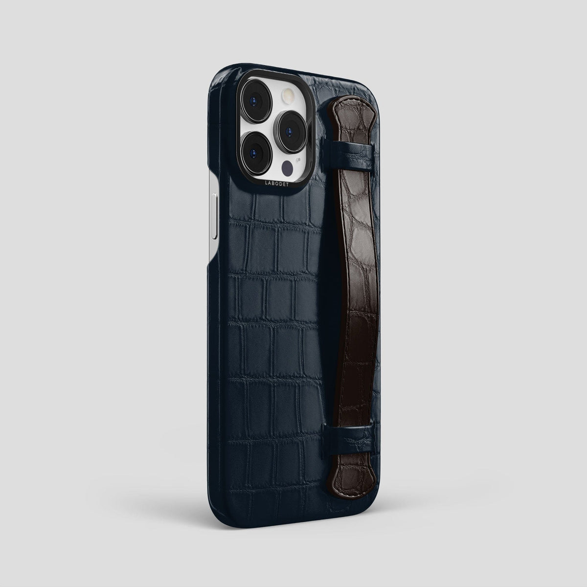 Navy-Blue-Dark-Brown iPhone 13 Pro Max Strap Case Alligator with Black Metal -2 | Navy-Blue-Dark-Brown-Black