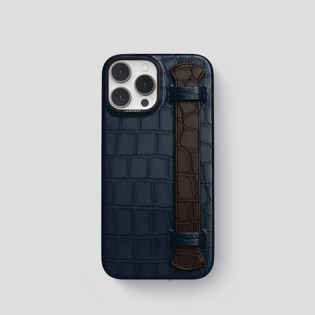 Navy-Blue-Dark-Brown iPhone 13 Pro Strap Case Alligator with Black Metal -1 | Navy-Blue-Dark-Brown-Black