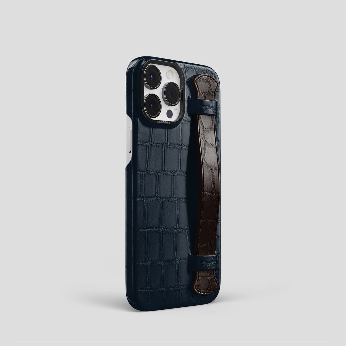 Navy-Blue-Dark-Brown iPhone 13 Pro Strap Case Alligator with Black Metal -2 | Navy-Blue-Dark-Brown-Black