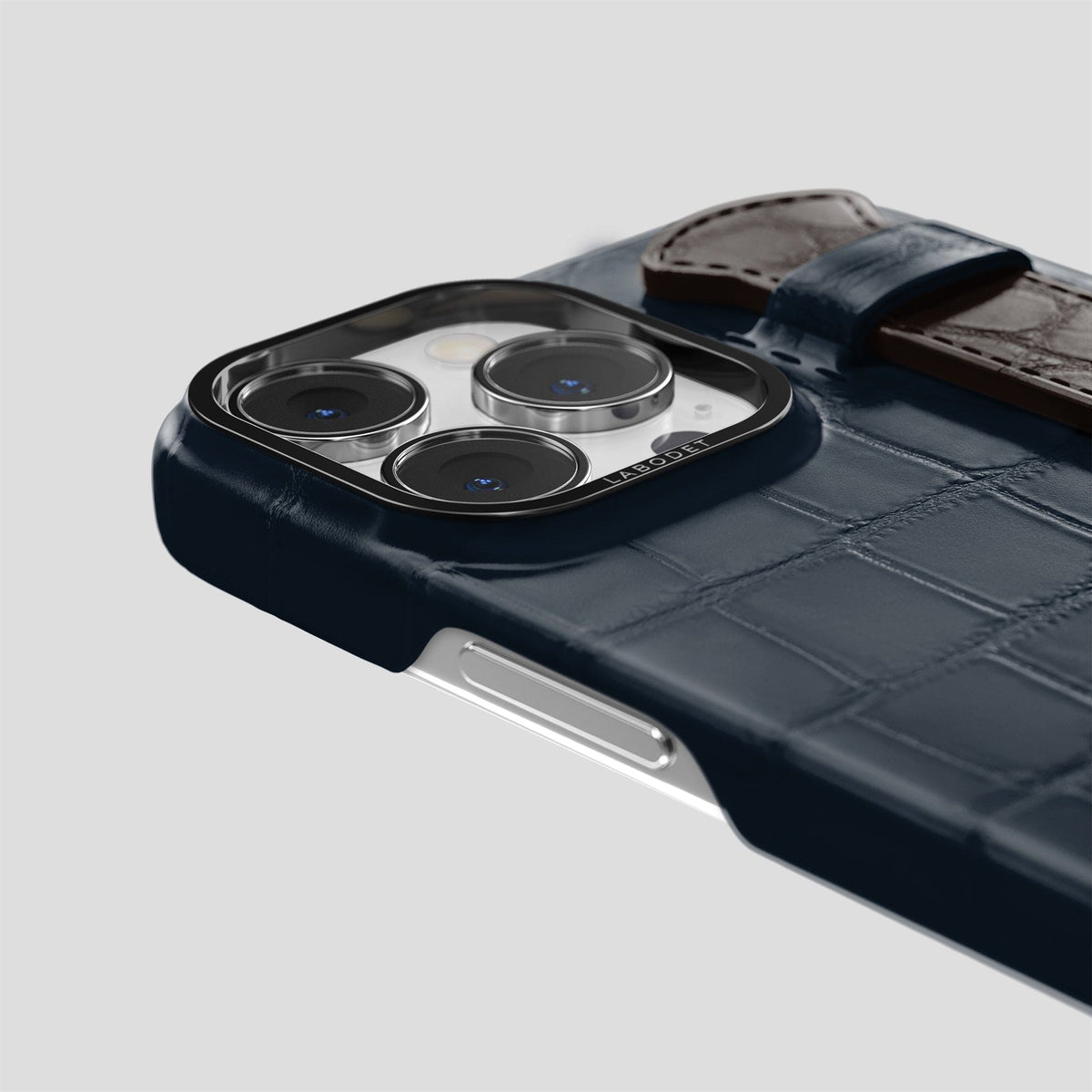 Navy-Blue-Dark-Brown iPhone 13 Pro Strap Case Alligator with Black Metal -5 | Navy-Blue-Dark-Brown-Black