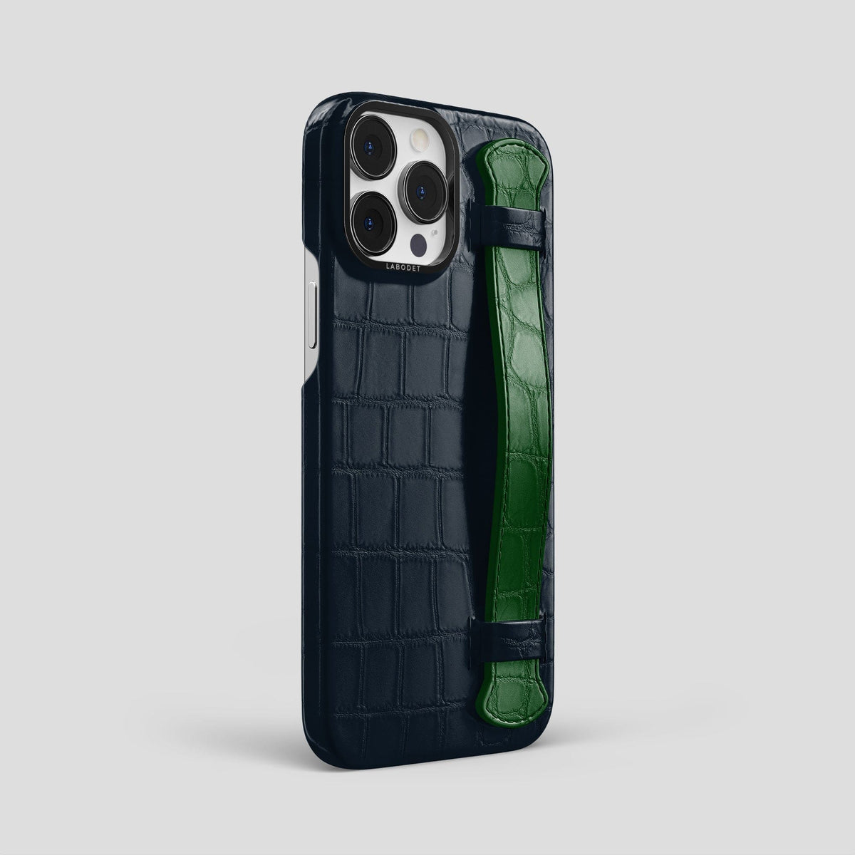 Navy-Blue-Green iPhone 13 Pro Max Strap Case Alligator with Black Metal -2 | Navy-Blue-Green-Black