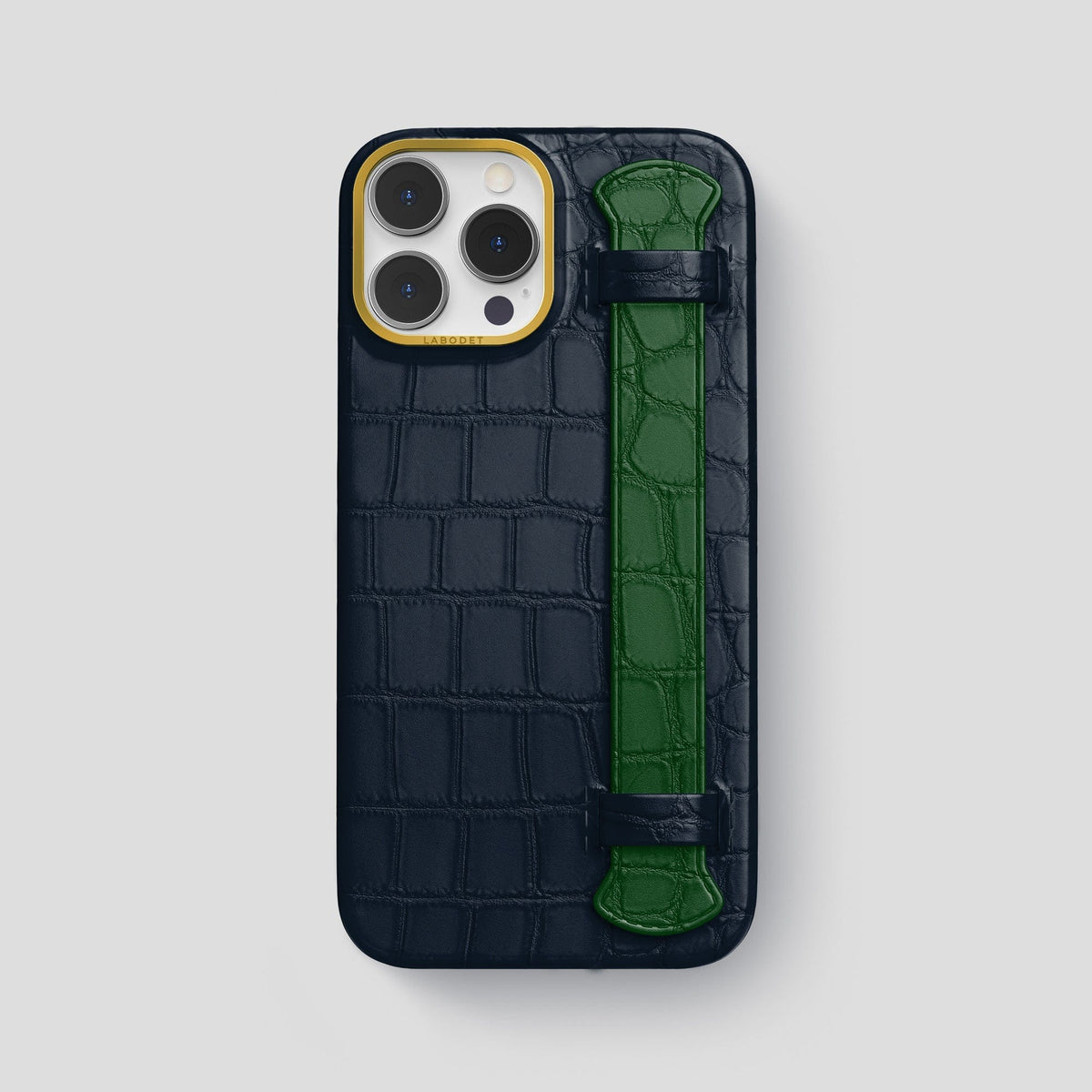 Navy-Blue-Green iPhone 13 Pro Max Strap Case Alligator with Gold Metal -1 | Navy-Blue-Green-Gold