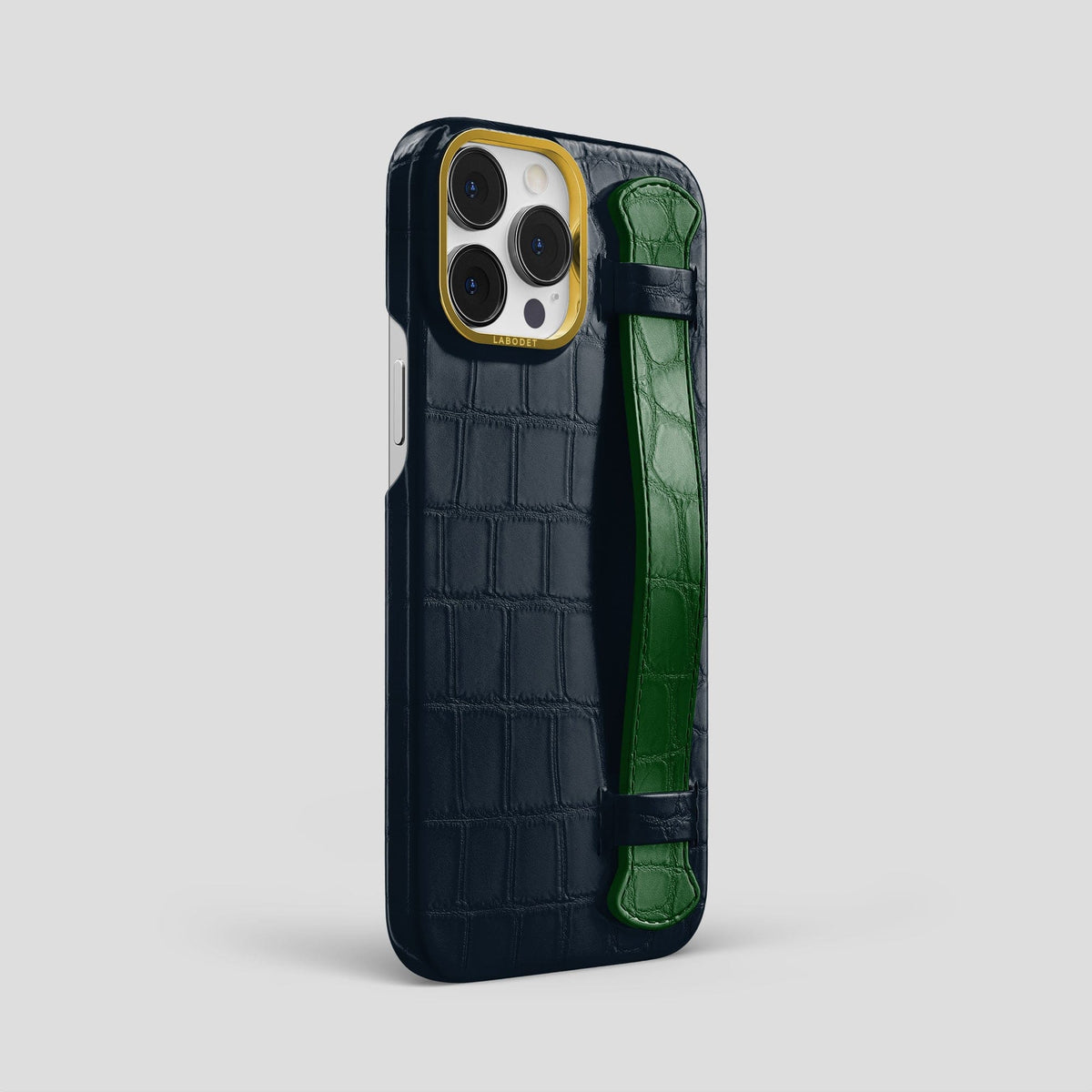 Navy-Blue-Green iPhone 13 Pro Max Strap Case Alligator with Gold Metal -2 | Navy-Blue-Green-Gold