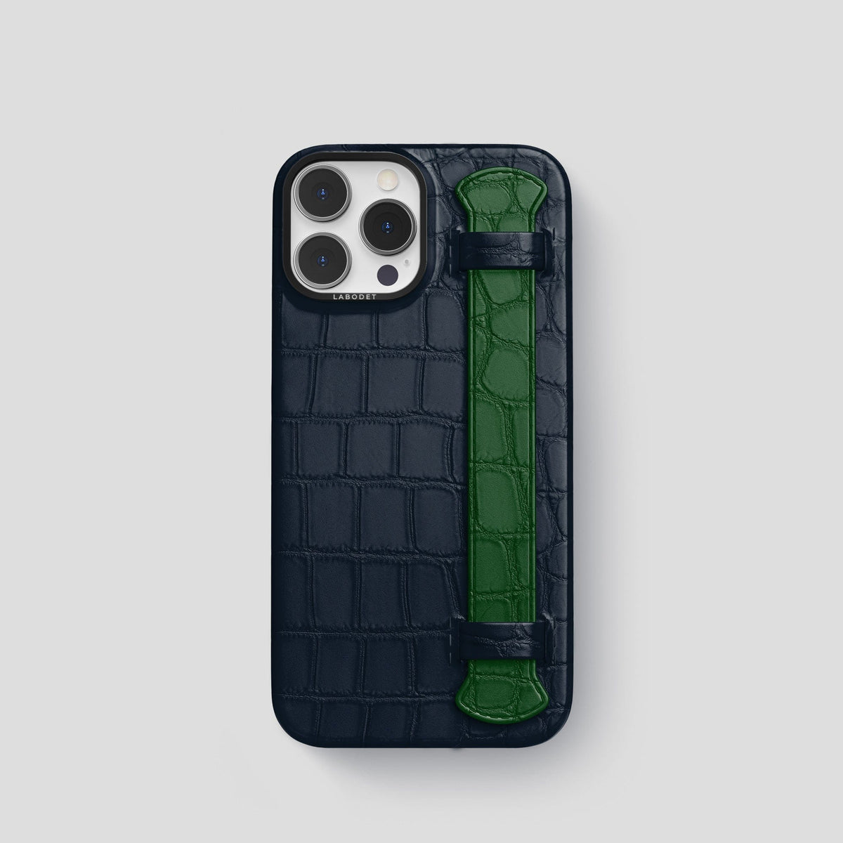 Navy-Blue-Green iPhone 13 Pro Strap Case Alligator with Black Metal -1 | Navy-Blue-Green-Black