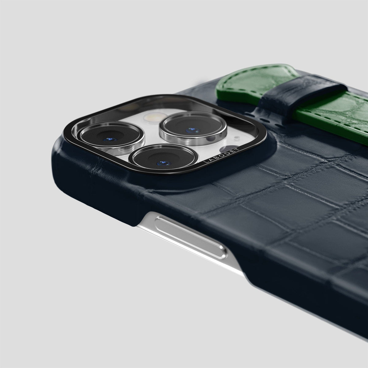 Navy-Blue-Green iPhone 13 Pro Strap Case Alligator with Black Metal -5 | Navy-Blue-Green-Black