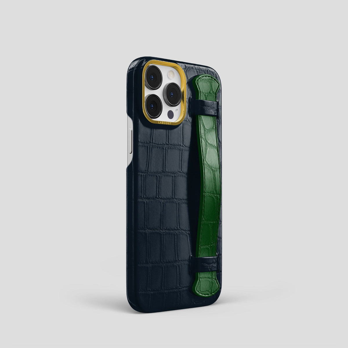 Navy-Blue-Green iPhone 13 Pro Strap Case Alligator with Gold Metal -2 | Navy-Blue-Green-Gold