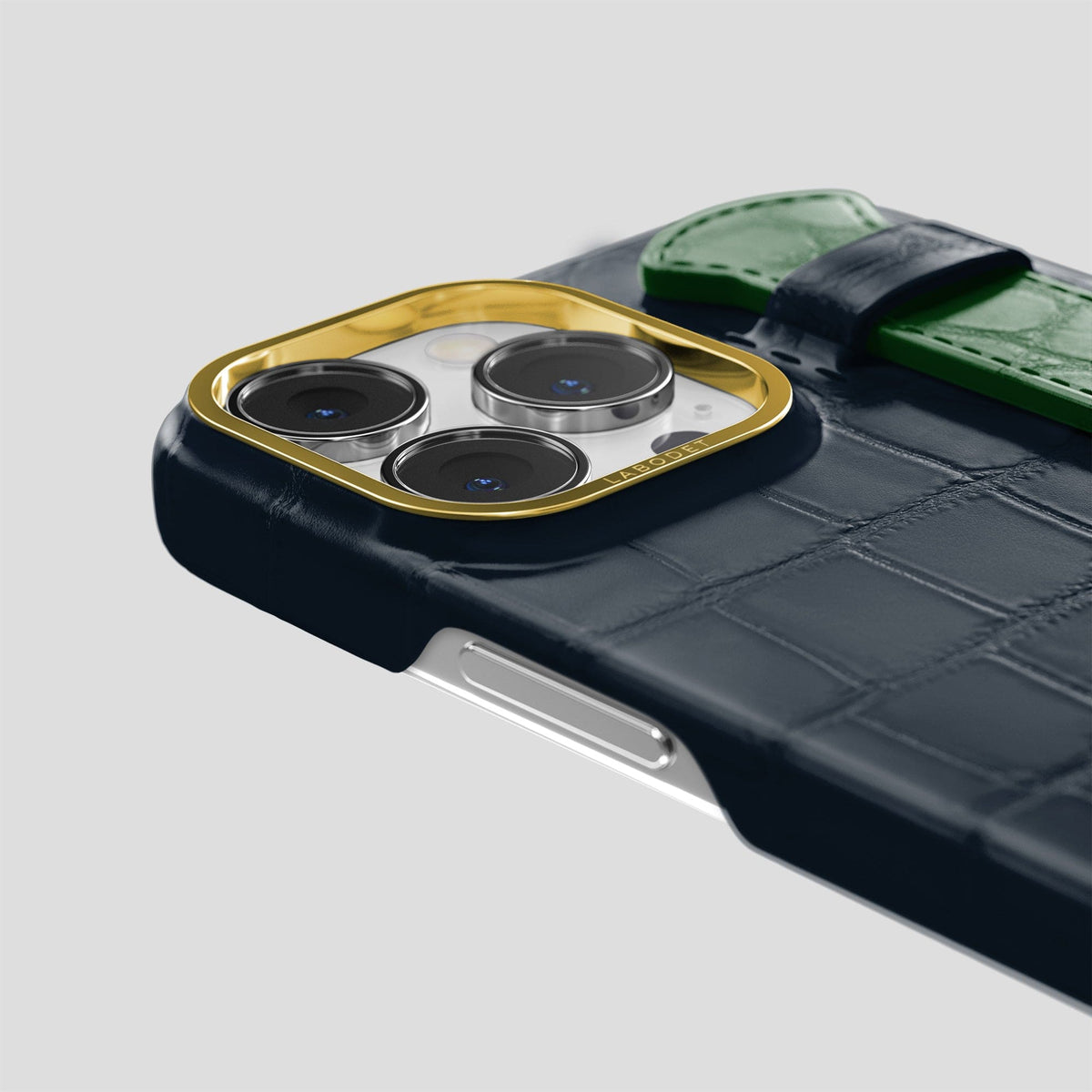 Navy-Blue-Green iPhone 13 Pro Strap Case Alligator with Gold Metal -5 | Navy-Blue-Green-Gold